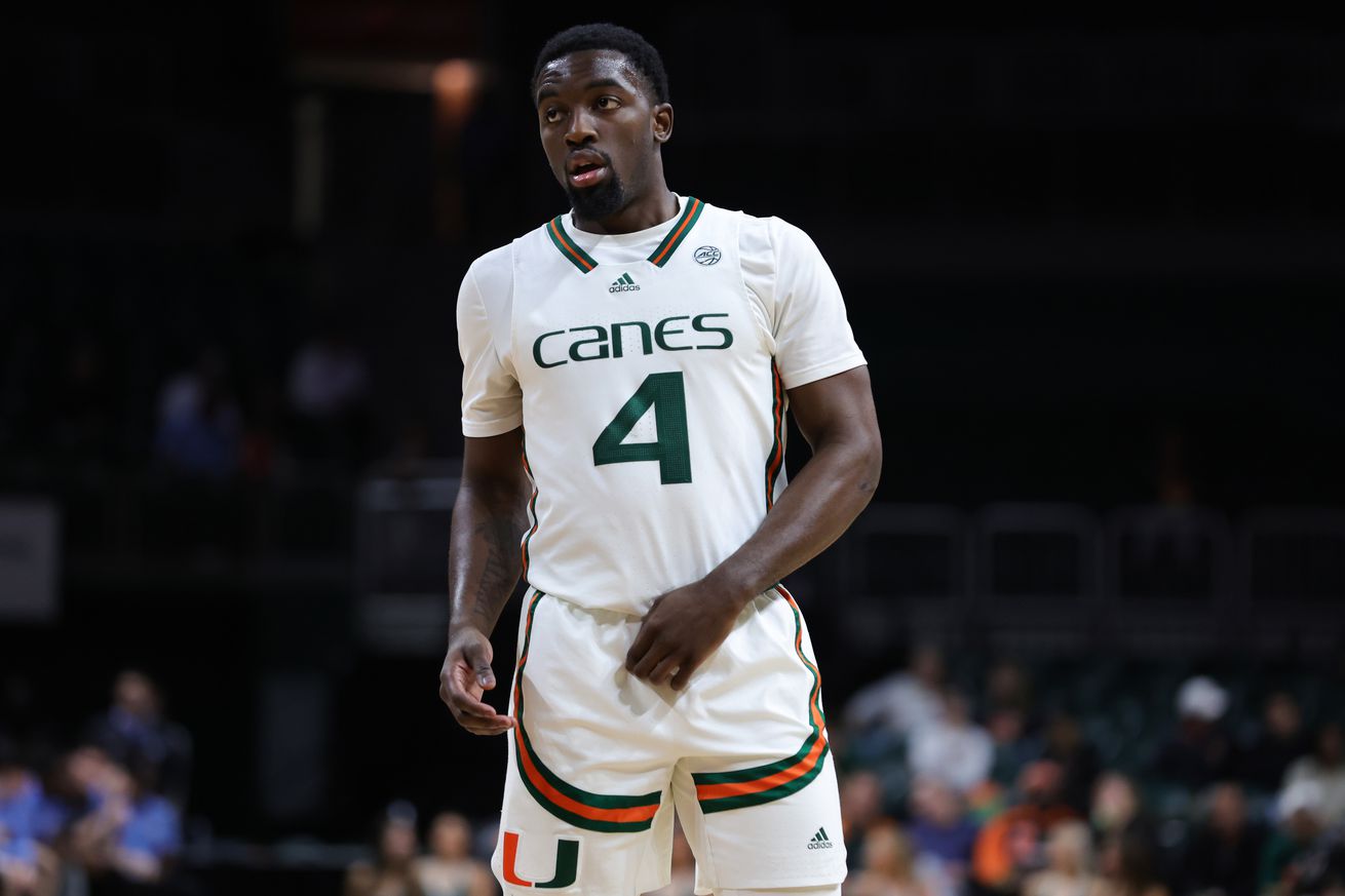 Bensley Joseph #4 of the Miami (Fl) Hurricanes looks on against the Long Island Sharks during the second half at Watsco Center on December 06, 2023 in Coral Gables, Florida