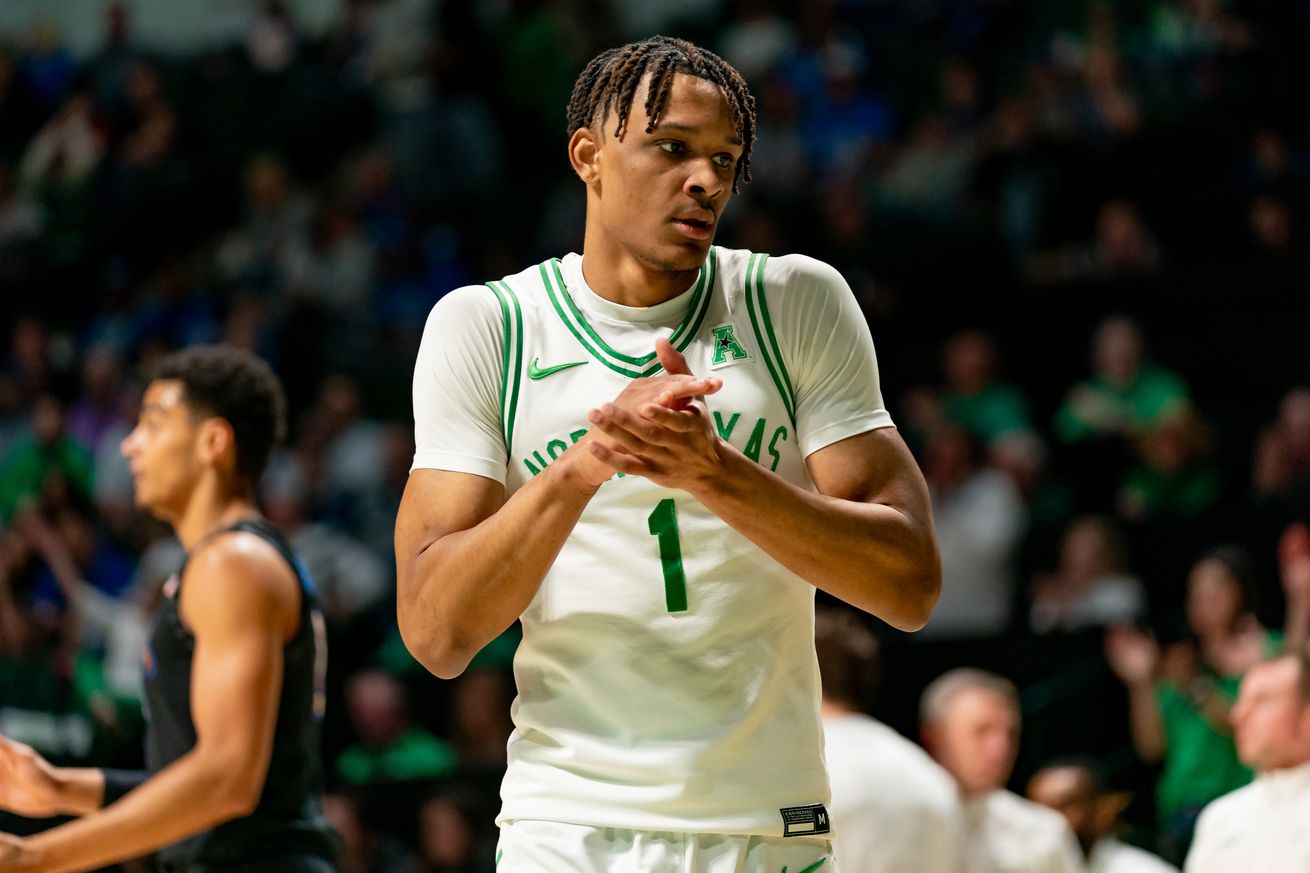 North Texas Mean Green forward Aaron Scott (1) claps during a college basketball game between Memphis Tigers and the North Texas Mean Green on February 15, 2024 at The Super Pit in Denton, TX.