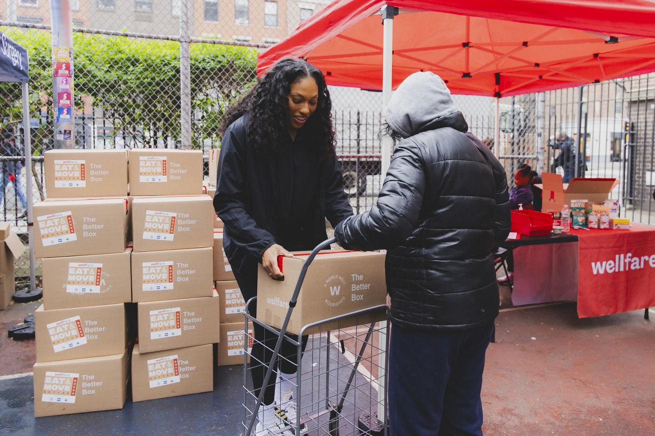 Betnijah Laney-Hamilton of the New York Liberty hands out Wellfare box at Fulton Houses in New York, NY.