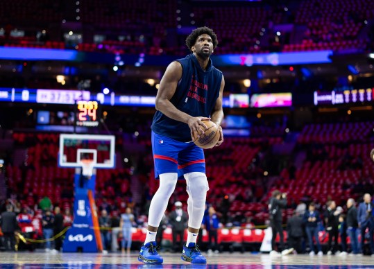 Apr 25, 2024; Philadelphia, Pennsylvania, USA; Philadelphia 76ers center Joel Embiid warms up before game three of the first round for the 2024 NBA playoffs against the New York Knicks at Wells Fargo Center. Mandatory Credit: Bill Streicher-USA TODAY Sports