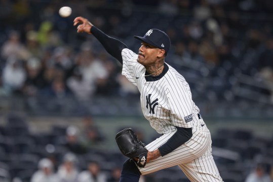 Apr 23, 2024; Bronx, New York, USA; New York Yankees relief pitcher Dennis Santana (53) delivers a pitch during the eighth inning against the Oakland Athletics at Yankee Stadium. Mandatory Credit: Vincent Carchietta-USA TODAY Sports