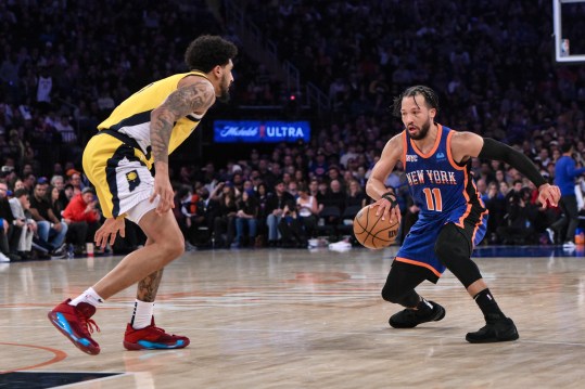 Feb 10, 2024; New York, New York, USA; New York Knicks guard Jalen Brunson (11) makes a move against Indiana Pacers forward Obi Toppin (1) during the third quarter at Madison Square Garden. Mandatory Credit: John Jones-USA TODAY Sports