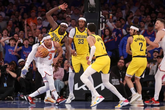 May 6, 2024; New York, New York, USA; New York Knicks guard Josh Hart (3) is fouled by Indiana Pacers forward Pascal Siakam (43) in front of Pacers center Myles Turner (33) and guards Tyrese Haliburton (0) and Andrew Nembhard (2) during the fourth quarter of game one of the second round of the 2024 NBA playoffs at Madison Square Garden. Mandatory Credit: Brad Penner-USA TODAY Sports