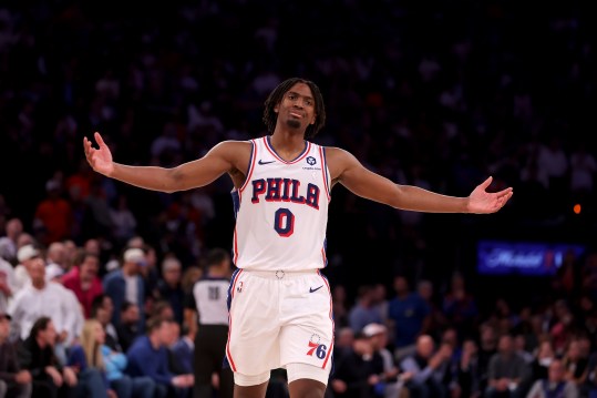 Apr 30, 2024; New York, New York, USA; Philadelphia 76ers guard Tyrese Maxey (0) reacts during overtime in game 5 of the first round of the 2024 NBA playoffs against the New York Knicks at Madison Square Garden. Mandatory Credit: Brad Penner-USA TODAY Sports