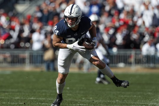 Oct 29, 2022; University Park, Pennsylvania, USA; Penn State Nittany Lions tight end Theo Johnson (New York Giants) (84) runs with the ball after making a catch during the second quarter against the Ohio State Buckeyes at Beaver Stadium. Ohio State defeated Penn State 44-31. Mandatory Credit: Matthew OHaren-USA TODAY Sports