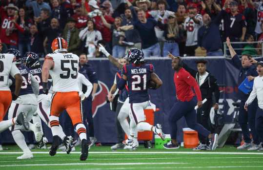 Jan 13, 2024; Houston, Texas, USA; Houston Texans cornerback Steven Nelson (21) returns an interception for a touchdown in a 2024 AFC wild card game against the Cleveland Browns at NRG Stadium. Mandatory Credit: Troy Taormina-USA TODAY Sports