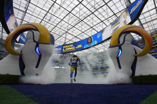 Oct 16, 2022; Inglewood, California, USA; Los Angeles Rams cornerback David Long Jr. (22) enters the field before the game against the Carolina Panthers at SoFi Stadium. Mandatory Credit: Kirby Lee-USA TODAY Sports