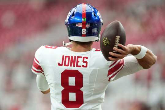 Sep 17, 2023; Glendale, Arizona, USA; New York Giants quarterback Daniel Jones (8) warms up prior to facing the Arizona Cardinals at State Farm Stadium. Mandatory Credit: Joe Camporeale-USA TODAY Sports