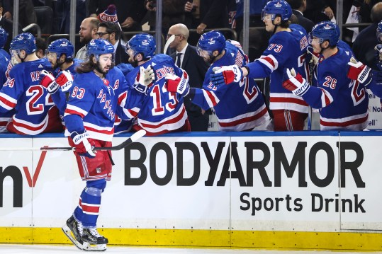 May 5, 2024; New York, New York, USA; New York Rangers center Mika Zibanejad (93) celebrates with his teammates after scoring a goal in the first period Carolina Hurricanes in game one of the second round of the 2024 Stanley Cup Playoffs at Madison Square Garden. Mandatory Credit: Wendell Cruz-USA TODAY Sports