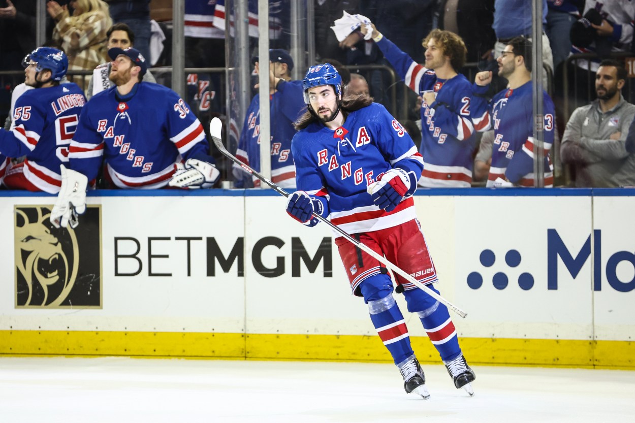 May 5, 2024; New York, New York, USA; New York Rangers center Mika Zibanejad (93) celebrates after scoring his second goal of the game in the first period against the Carolina Hurricanes in game one of the second round of the 2024 Stanley Cup Playoffs at Madison Square Garden. Mandatory Credit: Wendell Cruz-USA TODAY Sports