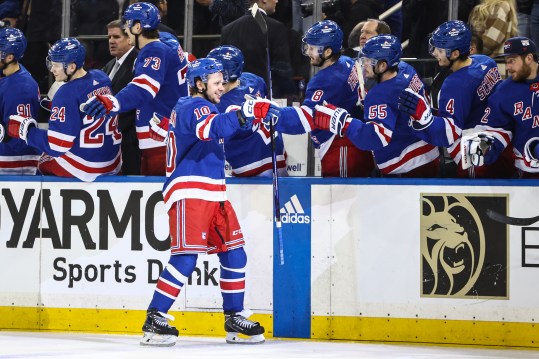 May 5, 2024; New York, New York, USA; New York Rangers left wing Artemi Panarin (10) celebrates with his teammates after scoring a goal in the third period against the Carolina Hurricanes in game one of the second round of the 2024 Stanley Cup Playoffs at Madison Square Garden. Mandatory Credit: Wendell Cruz-USA TODAY Sports