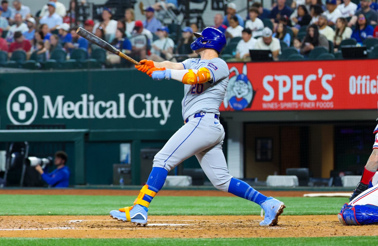 MLB: New York Mets at Texas Rangers Jun 19, 2024; Arlington, Texas, USA; New York Mets first baseman Pete Alonso (20) hits a two-run home run during the sixth inning against the Texas Rangers at Globe Life Field. Mandatory Credit: Kevin Jairaj-USA TODAY Sports