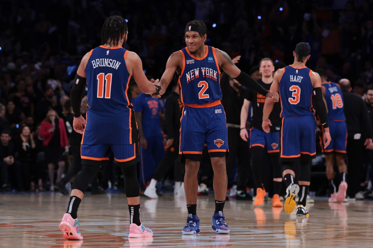 NBA: Playoffs-Indiana Pacers at New York Knicks May 14, 2024; New York, New York, USA; New York Knicks guard Miles McBride (2) celebrates with guard Jalen Brunson (11) during the second half during game five of the second round for the 2024 NBA playoffs against the Indiana Pacers at Madison Square Garden. Mandatory Credit: Vincent Carchietta-USA TODAY Sports