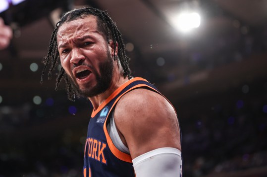 May 8, 2024; New York, New York, USA; New York Knicks guard Jalen Brunson (11) celebrates in the fourth quarter after scoring against the Indiana Pacers during game two of the second round for the 2024 NBA playoffs at Madison Square Garden. Mandatory Credit: Wendell Cruz-Imagn Images