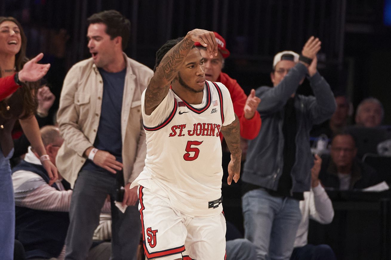 Deivon Smith (5) celebrates after making a three-point jumper during the St. John’s vs. New Mexico men’s basketball game on Sunday, November 17, 2024 inside Madison Square Garden in New York, NY. Photo credit to Chris Hagan.