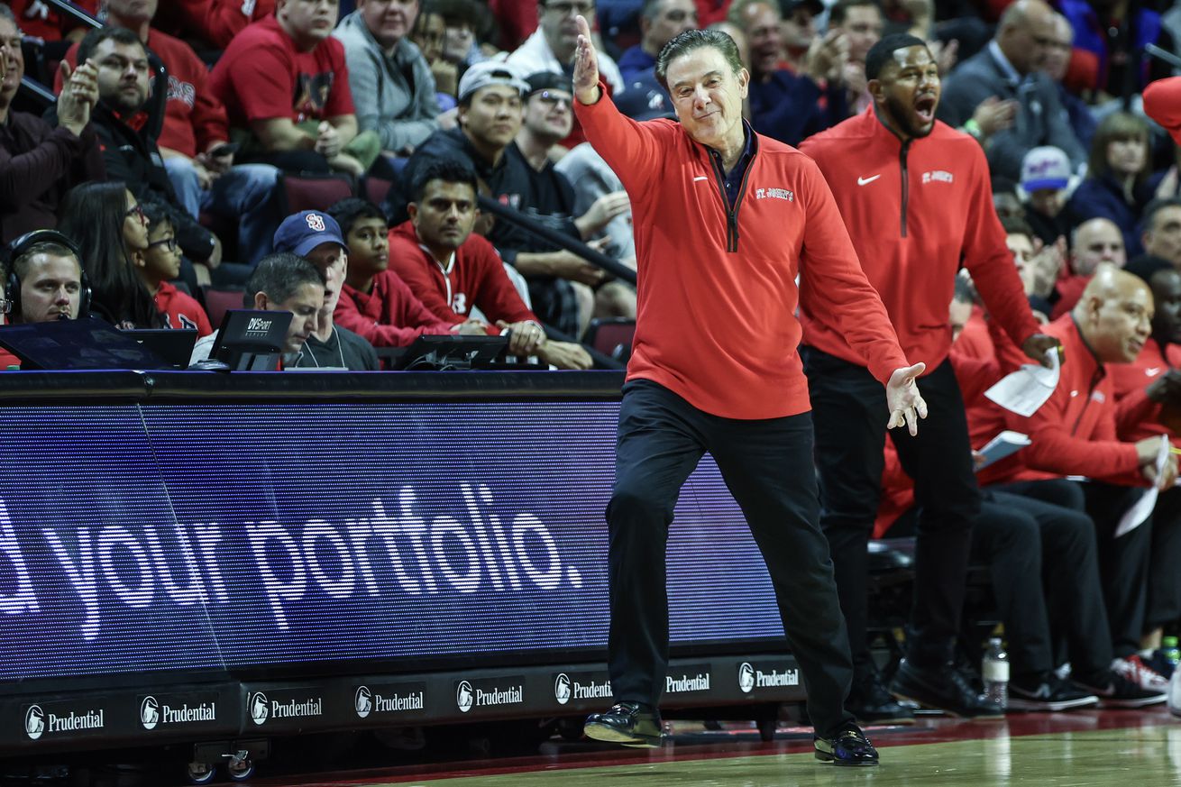 Oct 17, 2024; Piscataway, NJ, USA; St. John’s Red Storm head coach Rick Pitino reacts after a call in the first half against the Rutgers Scarlet Knights at Jersey Mike’s Arena. Mandatory Credit: Wendell Cruz-Imagn Images