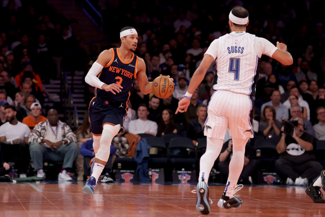 NBA: Orlando Magic at New York Knicks Dec 3, 2024; New York, New York, USA; New York Knicks guard Josh Hart (3) brings the ball up court against Orlando Magic guard Jalen Suggs (4) during the third quarter at Madison Square Garden. Mandatory Credit: Brad Penner-Imagn Images