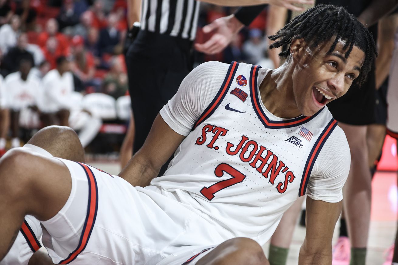 Dec 11, 2024; Queens, New York, USA; St. John’s Red Storm guard Simeon Wilcher (7) reacts after falling on the floor in the second half against the Bryant University Bulldogs at Carnesecca Arena. Mandatory Credit: Wendell Cruz-Imagn Images