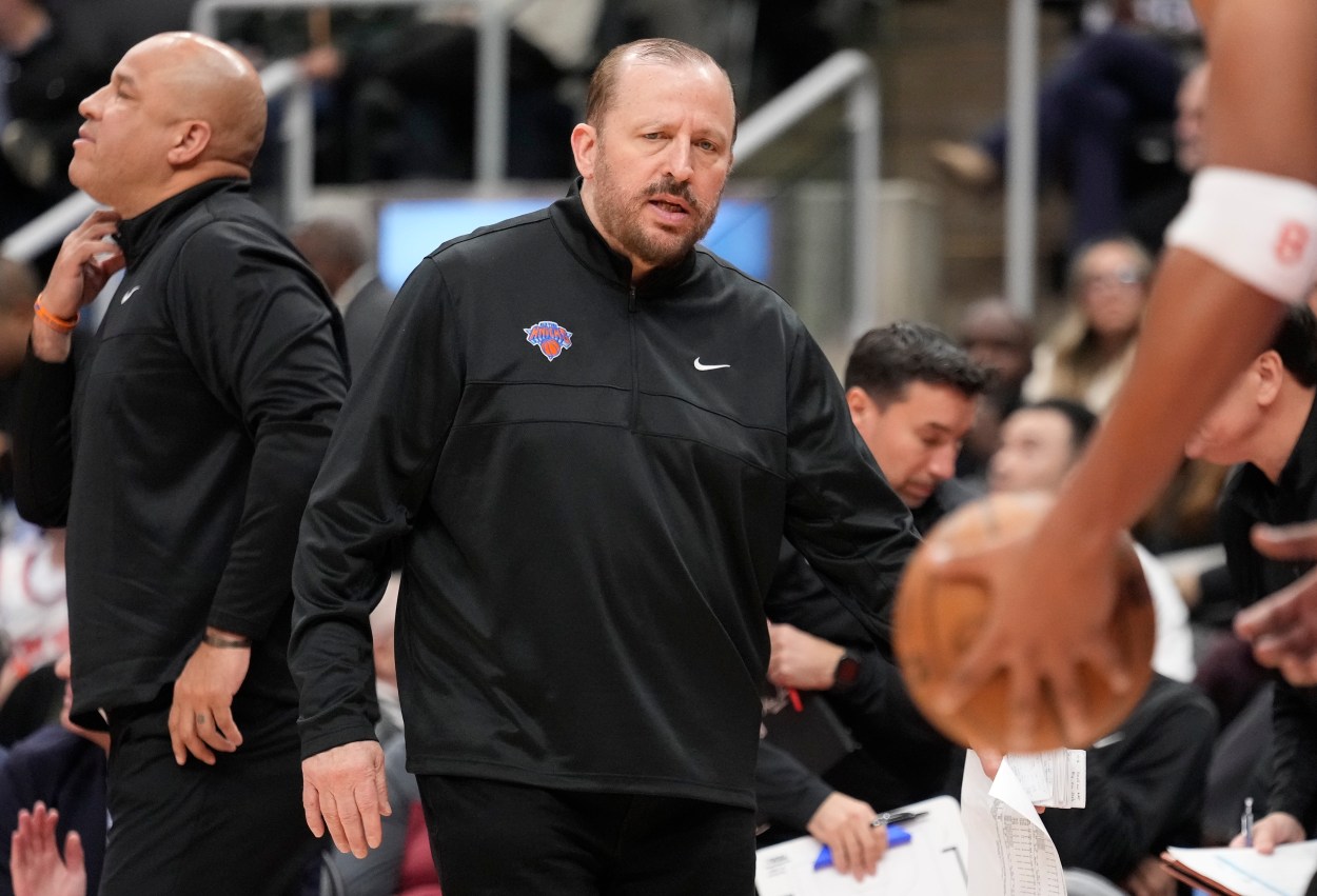 NBA: New York Knicks at Toronto Raptors Dec 9, 2024; Toronto, Ontario, CAN; New York Knicks head coach Tom Thibodeau watches during the second half against the Toronto Raptors at Scotiabank Arena. Mandatory Credit: John E. Sokolowski-Imagn Images