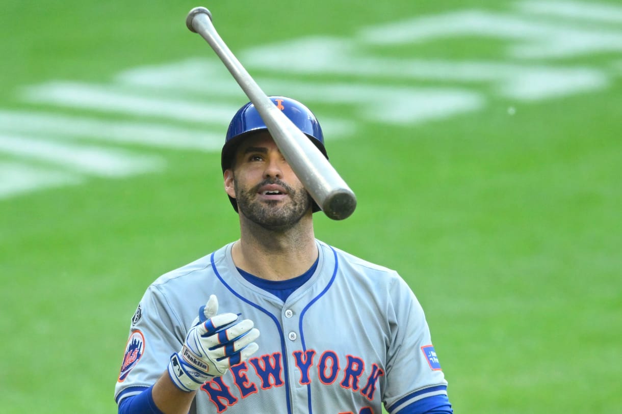 MLB: New York Mets at Cleveland Guardians May 21, 2024; Cleveland, Ohio, USA; New York Mets designated hitter J.D. Martinez (28) tosses his bat after striking out in the fifth inning against the Cleveland Guardians at Progressive Field. Mandatory Credit: David Richard-USA TODAY Sports
