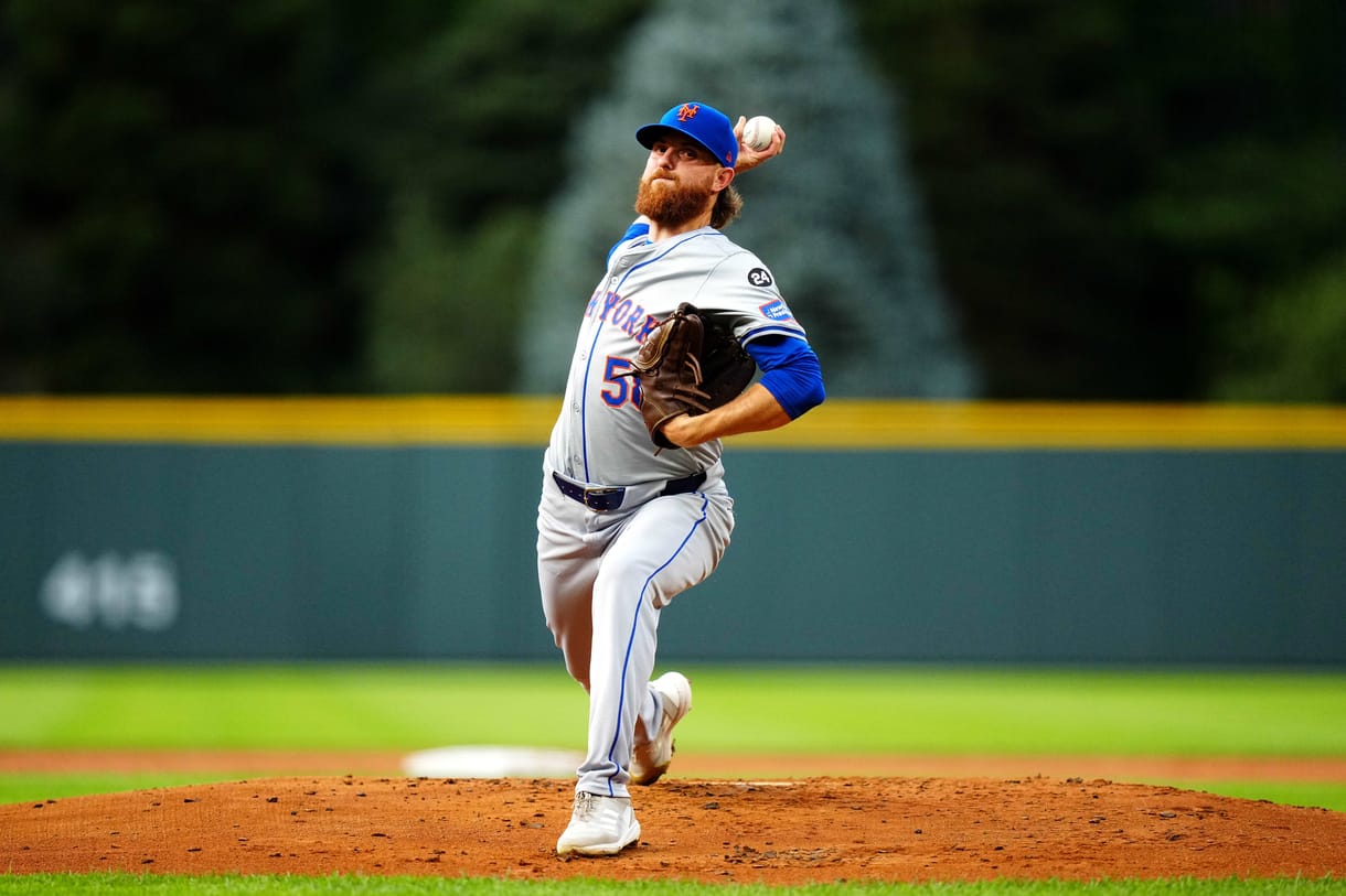 MLB: New York Mets at Colorado Rockies Aug 7, 2024; Denver, Colorado, USA; New York Mets starting pitcher Paul Blackburn (58) delivers a pitch in the first inning against the Colorado Rockies at Coors Field. Mandatory Credit: Ron Chenoy-USA TODAY Sports