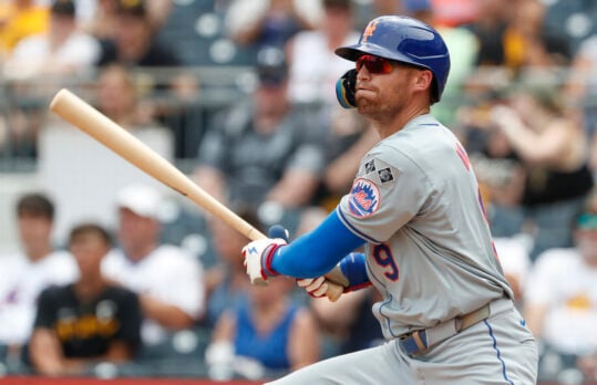 Jul 8, 2024; Pittsburgh, Pennsylvania, USA; New York Mets left fielder Brandon Nimmo (9) hits a single against the Pittsburgh Pirates during the eighth inning at PNC Park. The Pirates won 8-2. Mandatory Credit: Charles LeClaire-USA TODAY Sports