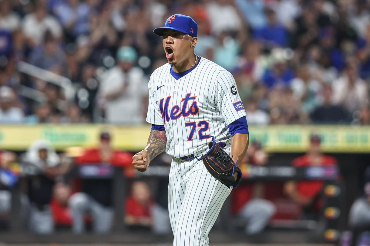 Jul 9, 2024; New York City, New York, USA; New York Mets relief pitcher Dedniel Núñez (72) reacts after retiring the side in the eighth inning against the Washington Nationals at Citi Field. Mandatory Credit: Wendell Cruz-USA TODAY Sports