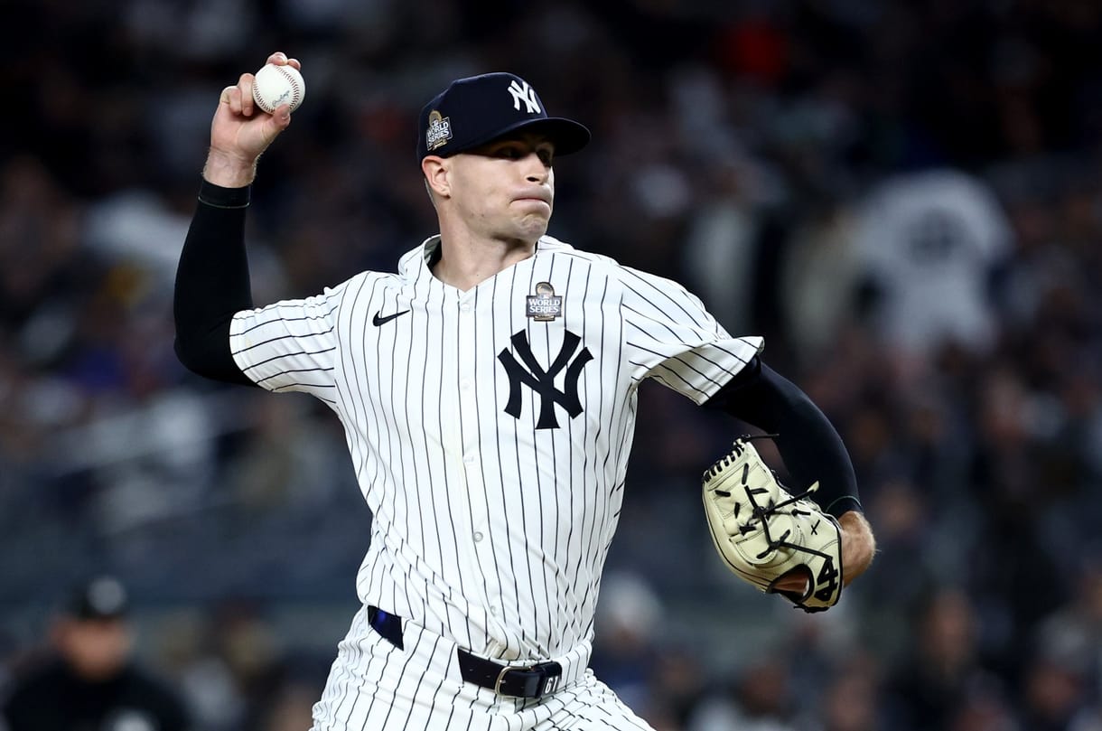 MLB: World Series-Los Angeles Dodgers at New York Yankees Oct 28, 2024; New York, New York, USA; New York Yankees pitcher Jake Cousins (61) throws during the sixth inning against the Los Angeles Dodgers in game three of the 2024 MLB World Series at Yankee Stadium. Mandatory Credit: Wendell Cruz-Imagn Images