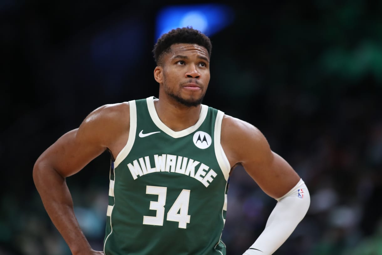 NBA: Milwaukee Bucks at Boston Celtics Oct 28, 2024; Boston, Massachusetts, USA; Milwaukee Bucks forward Giannis Antetokounmpo (34) reacts during the second half against the Boston Celtics at TD Garden. Mandatory Credit: Paul Rutherford-Imagn Images