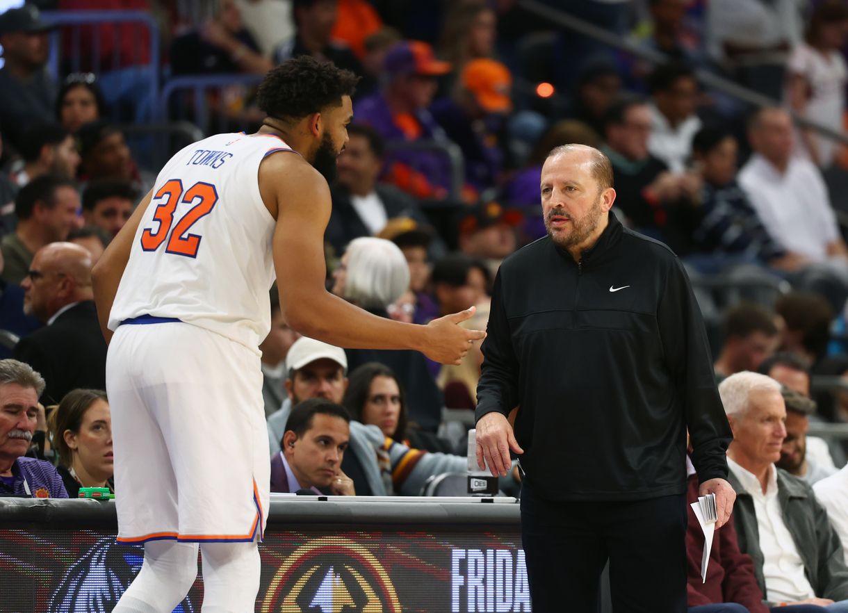 NBA: New York Knicks at Phoenix Suns Nov 20, 2024; Phoenix, Arizona, USA; New York Knicks head coach Tom Thibodeau with center Karl-Anthony Towns (32) against the Phoenix Suns at Footprint Center. Mandatory Credit: Mark J. Rebilas-Imagn Images