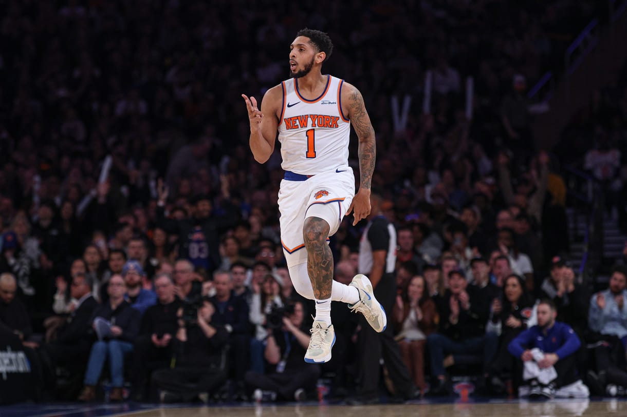 NBA: Utah Jazz at New York Knicks Jan 1, 2025; New York, New York, USA; New York Knicks guard Cameron Payne (1) reacts after a three point basket during the first half against the Utah Jazz at Madison Square Garden. Mandatory Credit: Vincent Carchietta-Imagn Images