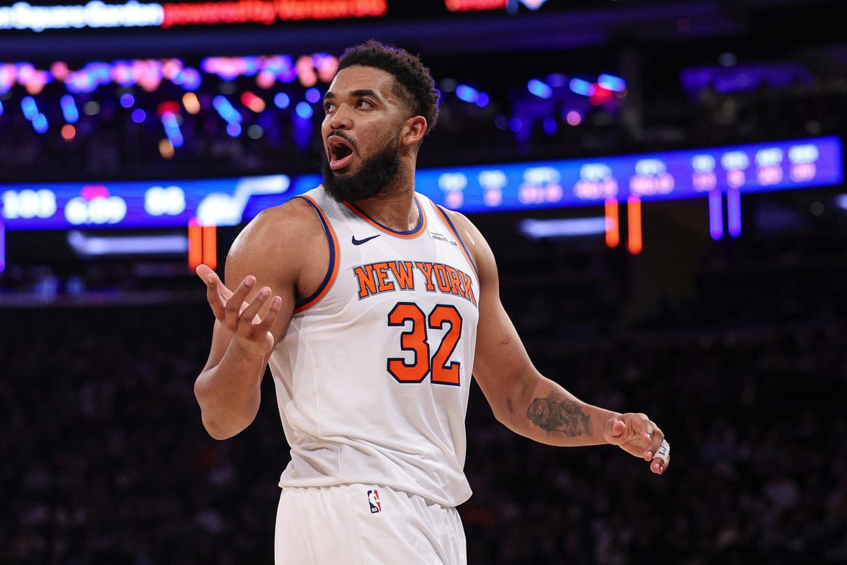 NBA: Utah Jazz at New York Knicks Jan 1, 2025; New York, New York, USA; New York Knicks center Karl-Anthony Towns (32) reacts during the second half against the Utah Jazz at Madison Square Garden. Mandatory Credit: Vincent Carchietta-Imagn Images