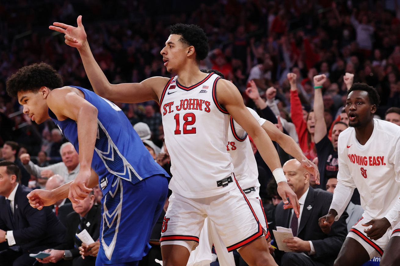 NEW YORK, NEW YORK - MARCH 15: RJ Luis Jr. #12 of the St. John’s Red Storm reacts after scoring in the second half of the championship game against the Creighton Bluejays during the Big East Men’s Basketball Tournament at Madison Square Garden on March 15, 2025 in New York City. The Red Storm won 82-66.