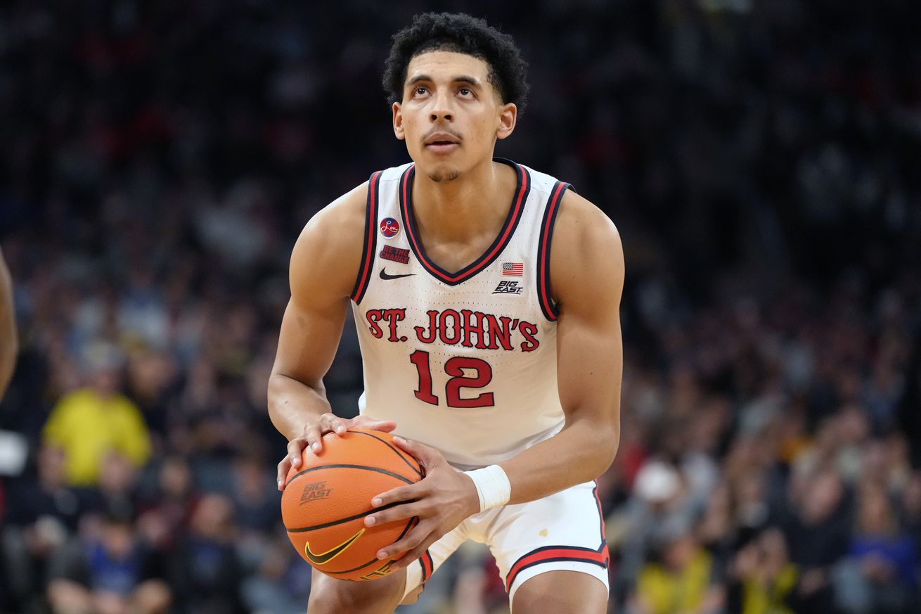 NEW YORK, NEW YORK - MARCH 14: RJ Luis Jr. #12 of the St. John’s Red Storm takes a foul shot during the semifinal game against the Marquette Golden Eagles during the Big East Men’s Basketball Tournament at Madison Square Garden on March 14, 2025 in New York City.