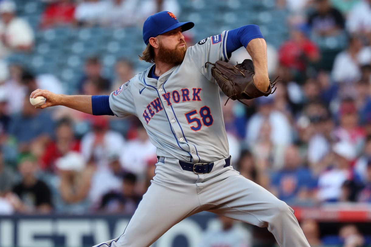 MLB: New York Mets at Los Angeles Angels Aug 2, 2024; Anaheim, California, USA; New York Mets starting pitcher Paul Blackburn (58) pitches during the first inning against the Los Angeles Angels at Angel Stadium. Mandatory Credit: Kiyoshi Mio-USA TODAY Sports
