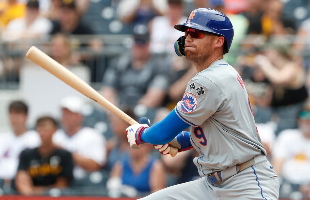 Jul 8, 2024; Pittsburgh, Pennsylvania, USA; New York Mets left fielder Brandon Nimmo (9) hits a single against the Pittsburgh Pirates during the eighth inning at PNC Park. The Pirates won 8-2. Mandatory Credit: Charles LeClaire-USA TODAY Sports