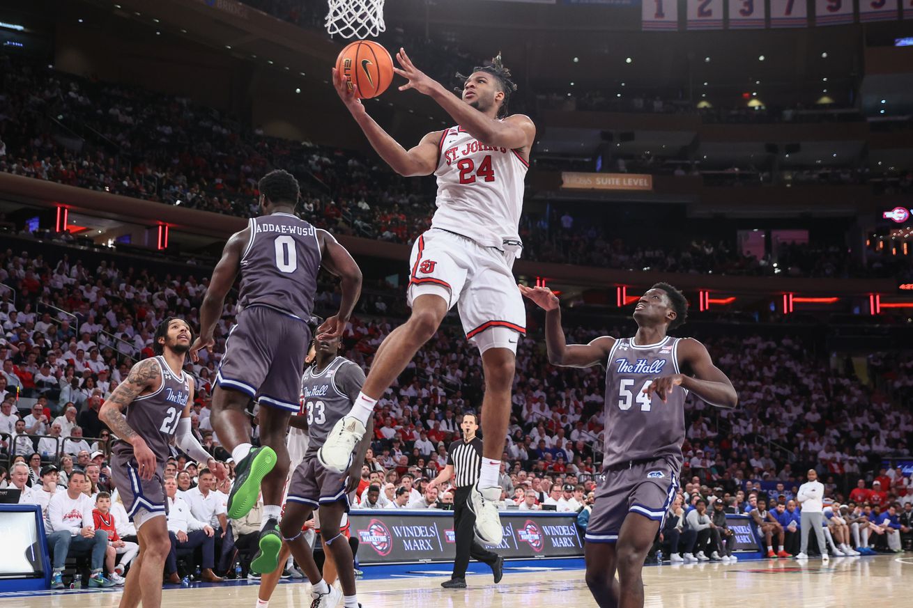 Mar 1, 2025; New York, New York, USA; St. John’s Red Storm forward Zuby Ejiofor (24) drives to the basket in the second half against the Seton Hall Pirates at Madison Square Garden. Mandatory Credit: Wendell Cruz-Imagn Images