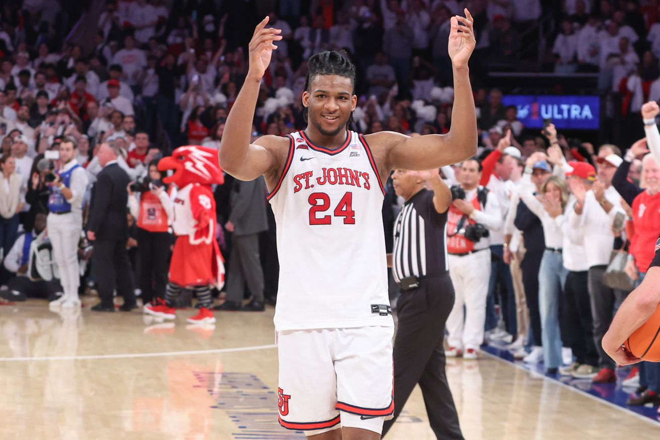 Mar 1, 2025; New York, New York, USA; St. John’s Red Storm forward Zuby Ejiofor (24) celebrates after defeating the Seton Hall Pirates 71-61 to win the Big East Regular Season Championship at Madison Square Garden. Mandatory Credit: Wendell Cruz-Imagn Images