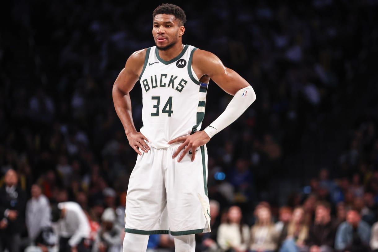 Oct 27, 2024; Brooklyn, New York, USA; Milwaukee Bucks forward Giannis Antetokounmpo (34) at Barclays Center. Mandatory Credit: Wendell Cruz-Imagn Images