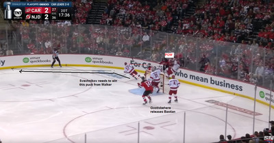 Hit made, but puck was moved out around the corner.