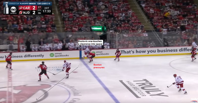 Roslovic puts the puck into space for the zone exit