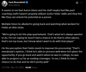 Aaron Glenn appears to be sold on Justin Fields as his starting QB before the NFL draft kicks off.
