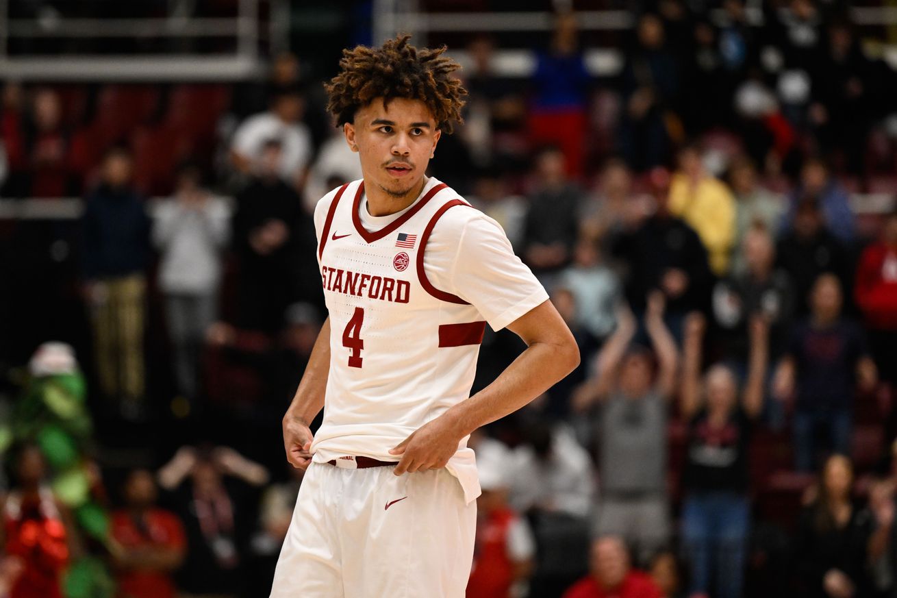 Feb 8, 2025; Stanford, California, USA; Stanford Cardinal guard Oziyah Sellers (4) looks on against the NC State Wolfpack in the second half at Maples Pavilion. Mandatory Credit: Eakin Howard-Imagn Images