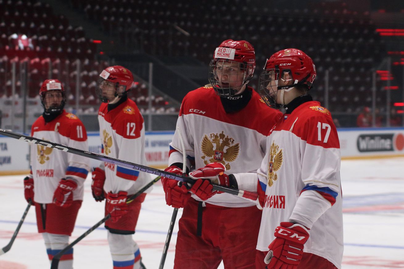Daniil Prokhorov (2R), Arseny Ilyin (17) Russia U18 Hockey...