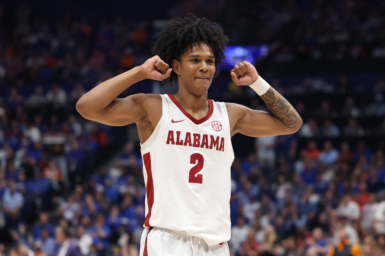 NASHVILLE, TENNESSEE - MARCH 14: Aden Holloway #2 of the Alabama Crimson Tide celebrates in the 99-70 win against the Kentucky Wildcats during the SEC Men’s Basketball Tournament - Quarterfinals at Bridgestone Arena on March 14, 2025 in Nashville, Tennessee. at Bridgestone Arena on March 14, 2025 in Nashville, Tennessee.