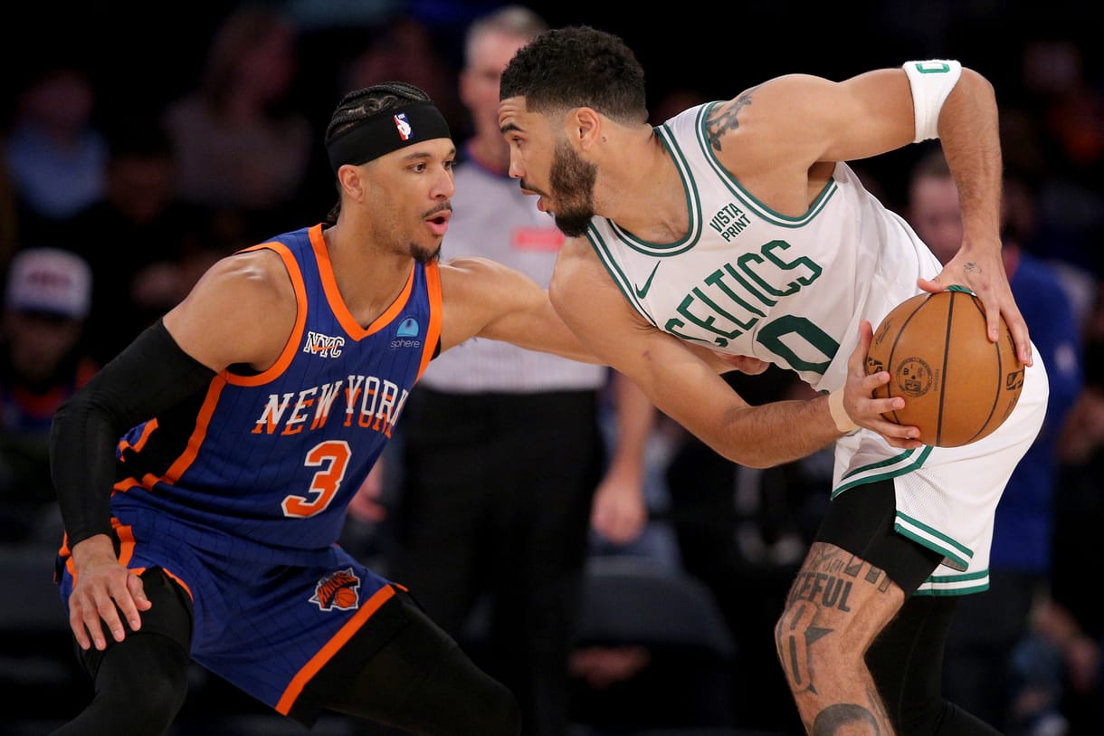NBA: Boston Celtics at New York Knicks Feb 24, 2024; New York, New York, USA; Boston Celtics forward Jayson Tatum (0) controls the ball against New York Knicks guard Josh Hart (3) during the third quarter at Madison Square Garden. Mandatory Credit: Brad Penner-Imagn Images