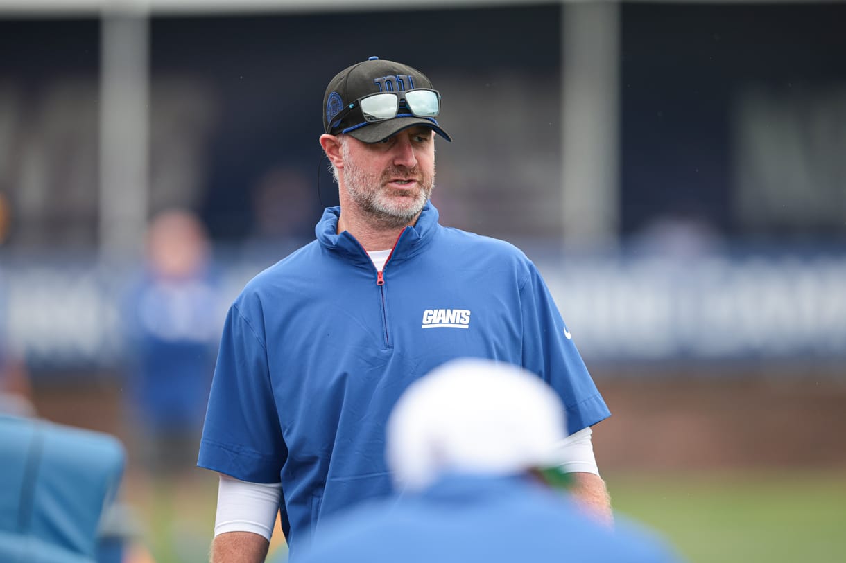 NFL: New York Giants Training Camp Jul 24, 2024; East Rutherford, NJ, USA; New York Giants defensive coordinator Shane Bowen looks on during training camp at Quest Diagnostics Training Facility. Mandatory Credit: Vincent Carchietta-Imagn Images