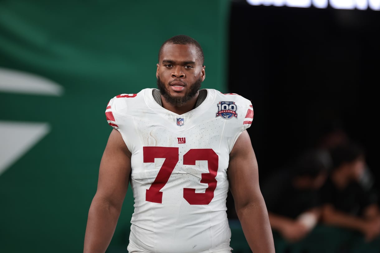 NFL: New York Giants at New York Jets Aug 24, 2024; East Rutherford, New Jersey, USA; New York Giants offensive tackle Evan Neal (73) after the game at MetLife Stadium. Mandatory Credit: Vincent Carchietta-Imagn Images