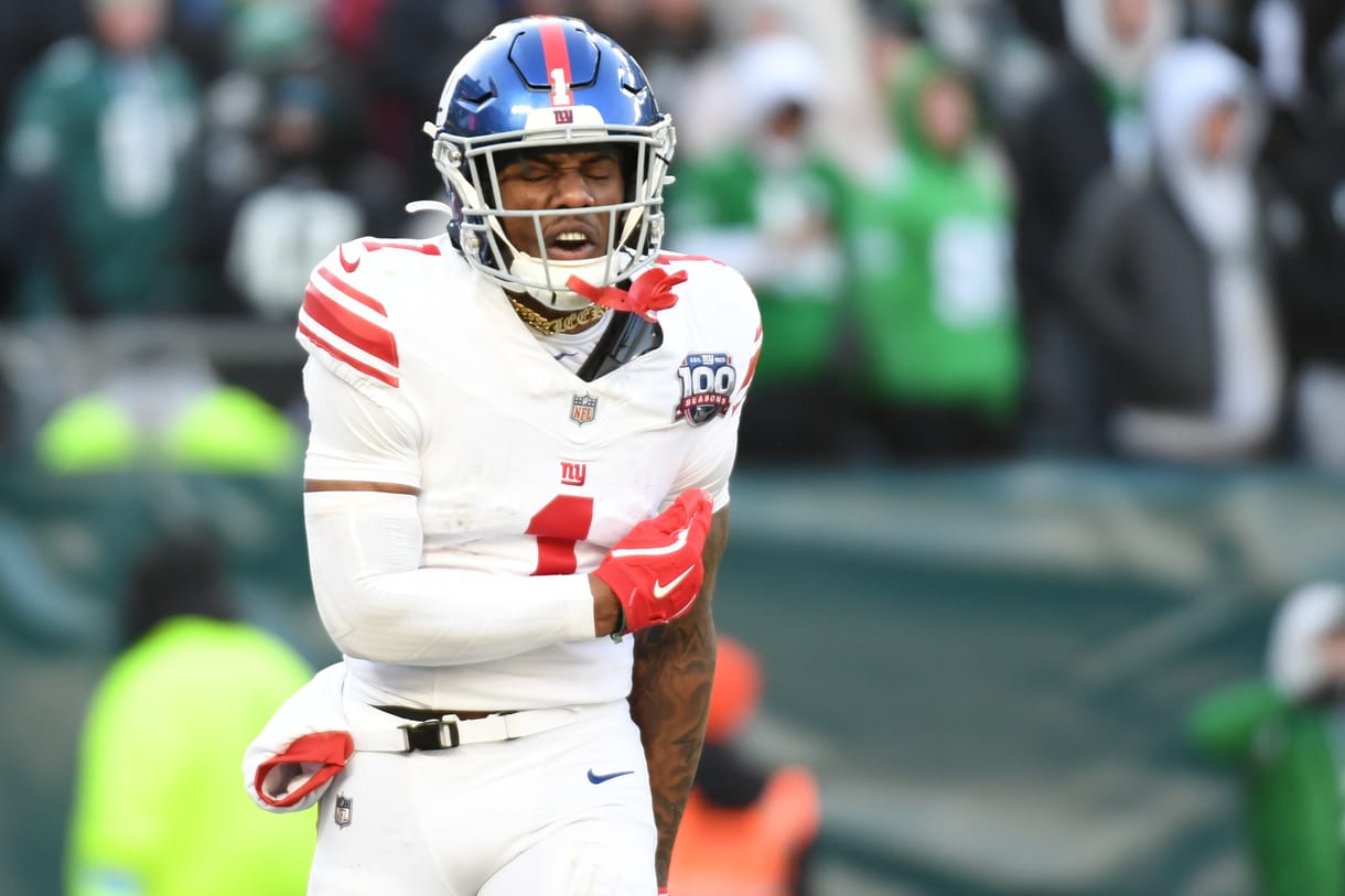 NFL: New York Giants at Philadelphia Eagles Jan 5, 2025; Philadelphia, Pennsylvania, USA; New York Giants wide receiver Malik Nabers (1) celebrates his 45-yard touchdown catch against the Philadelphia Eagles during the fourth quarter at Lincoln Financial Field. Mandatory Credit: Eric Hartline-Imagn Images