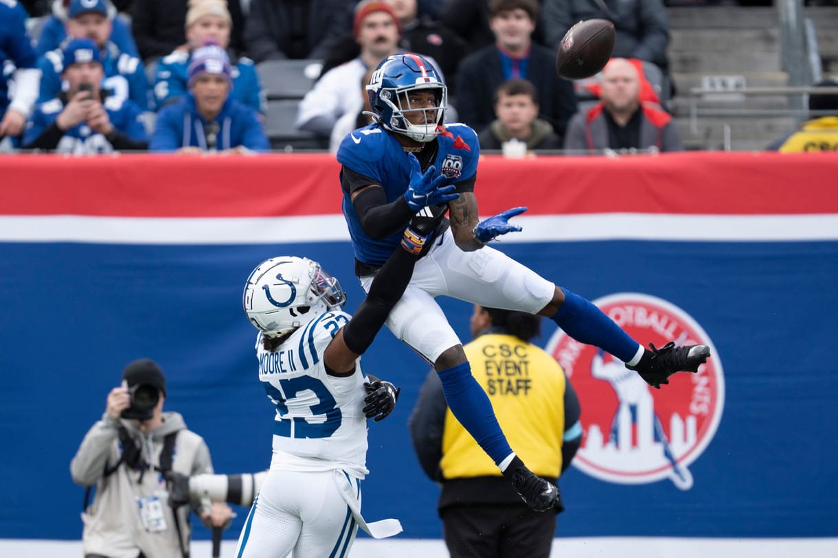 Syndication: The Record New York Giants wide receiver Malik Nabers (1) catches a pass in the air while being guarded by Indianapolis Colts defensive back Kenny Moore II (23) during a game between New York Giants and Indianapolis Colts at MetLife Stadium on Sunday, Dec. 29, 2024.
